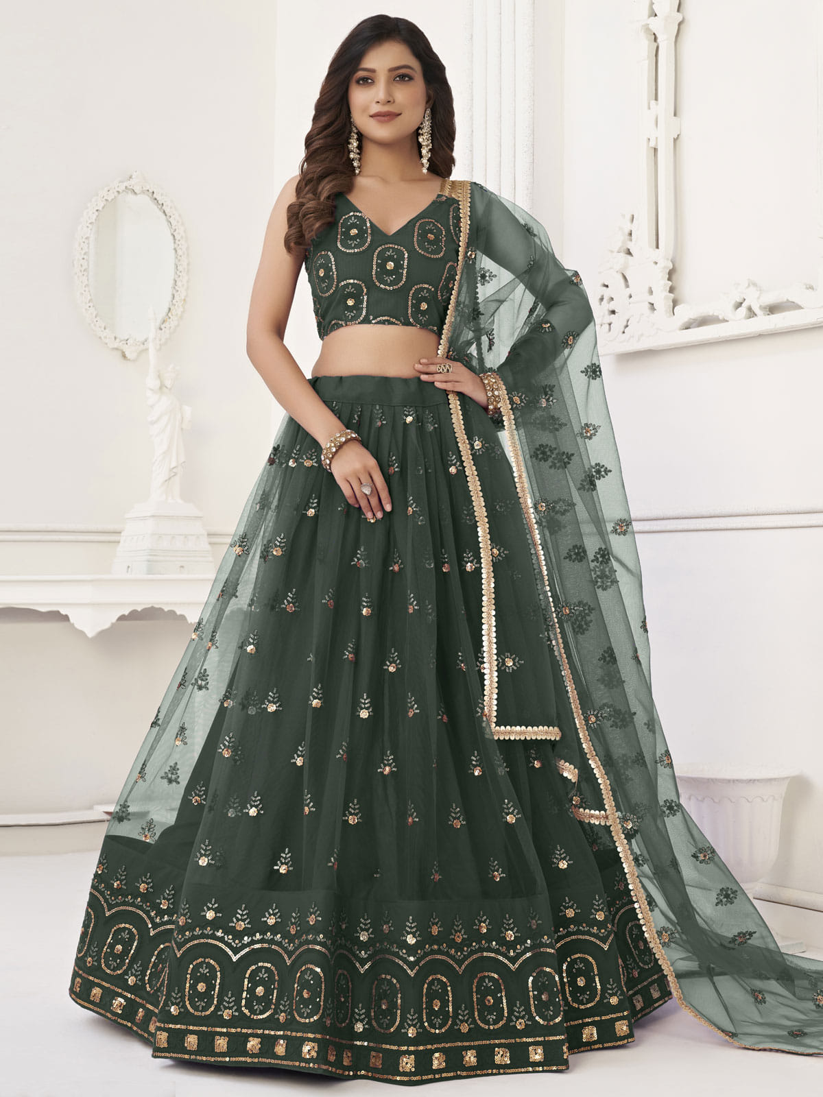 Precious Green Sequins Net Mehendi Wear Lehenga Choli With Dupatta Inddus