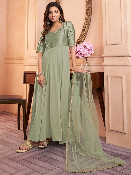 green embroidered ethnic dress