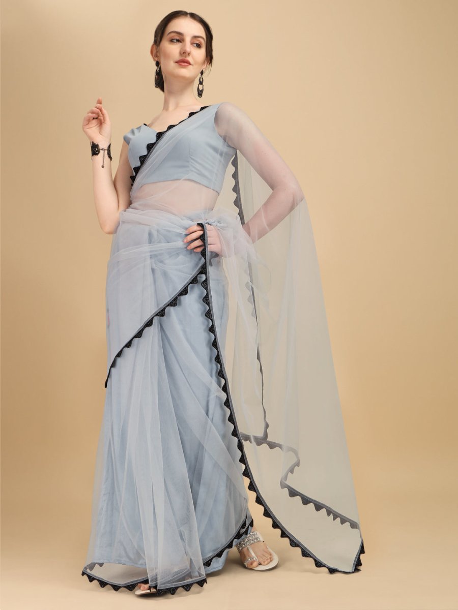 Grey & Black Beads and Stones Net Saree with Embellished Border