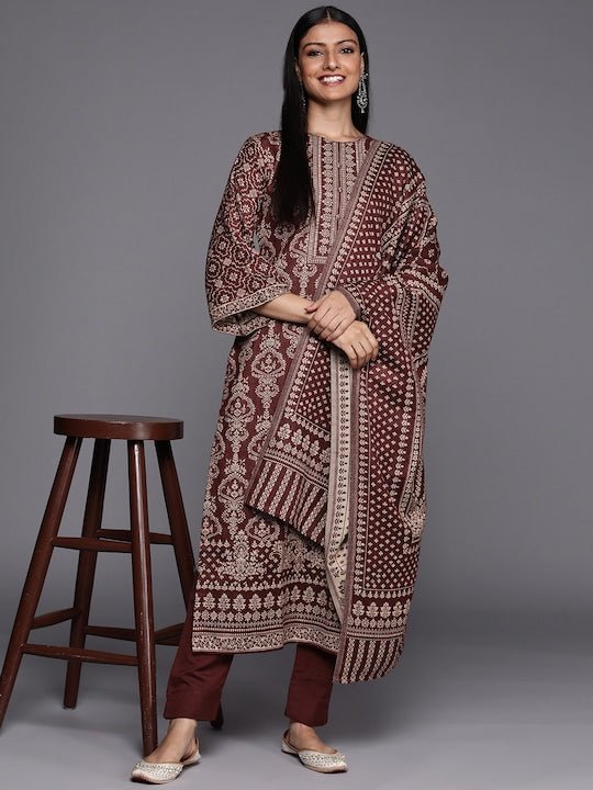 Maroon & Beige Printed Woven Pashmina Winter Wear Unstitched Dress