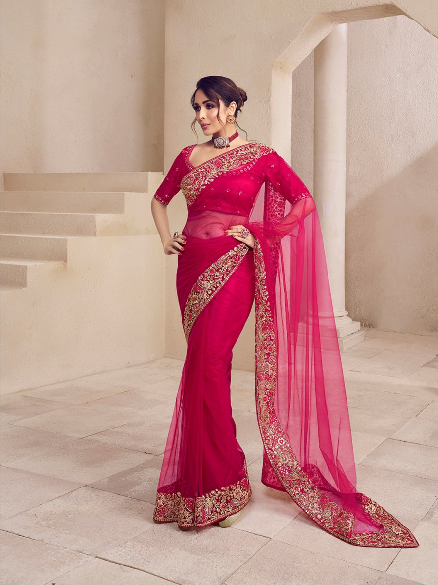 Malaika Arora Magenta Pink Floral Sequins and Thread Embroidered Saree –
