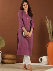 Pink Ethnic Woven Design Mandarin Collar Cotton A-Line Kurta