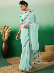 Green Floral Embroidered Saree With Blouse Piece