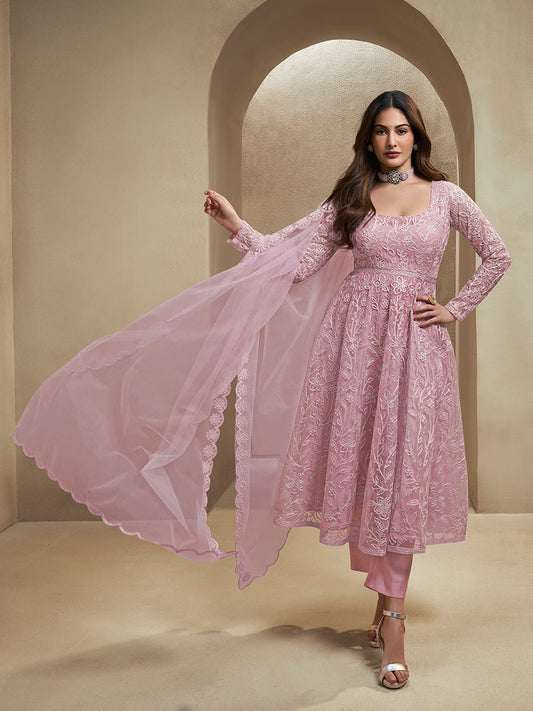 Amyra Dastur Pink Floral Embroidered Regular Thread Work Kurta with Trousers & With Dupatta