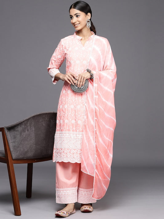 Floral Embroidered Regular Chikankari Kurta with Palazzos & With Dupatta