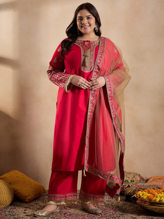 Tie-Up Neck Ethnic Motifs Embroidered Straight Kurta with Trouser & Dupatta