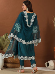 Teal Thread Work Round Neck Flared Sleeves Kurta with Trousers & With Dupatta