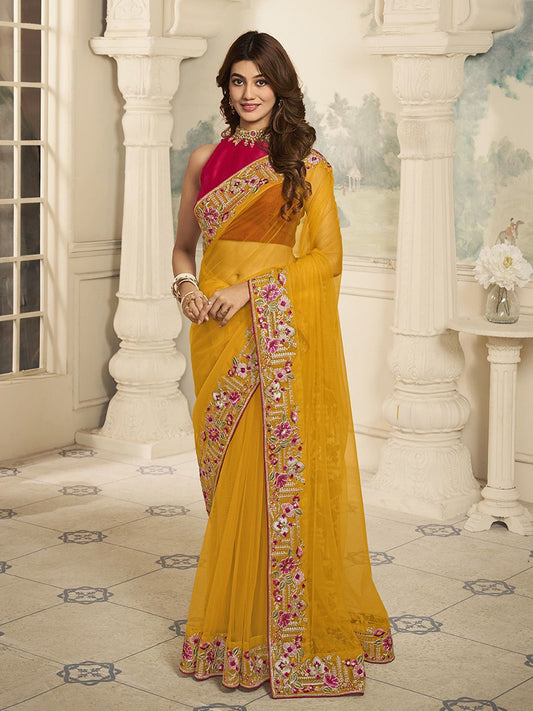 Mustard And Pink Embroidered Net Saree