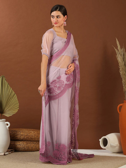 Lavender Floral Embroidered Net Saree