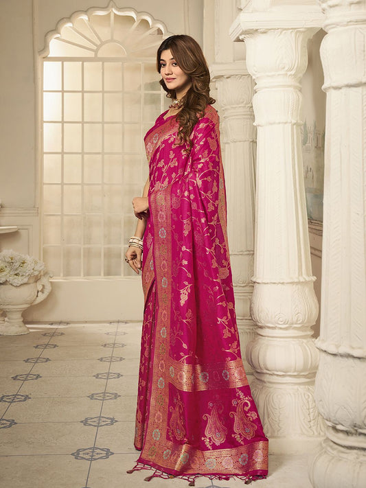 Magenta And Gold-Toned Woven Design Zari Saree