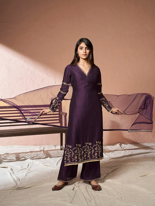 Floral Embroidered Thread Work Straight Kurta With Palazzos & Dupatta