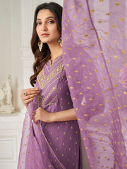 Women Mauve Ethnic Motifs Embroidered Regular Sequinned Chanderi Cotton Kurta with Trousers & With Dupatta