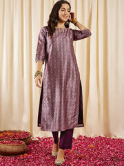 Mauve Ethnic Motifs Printed Regular Brocade Kurta with Trousers