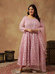 Floral Embroidered Regular Thread Work Anarkali Kurta With Trousers & Dupatta