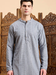 Grey Ethnic Motifs Printed Mandarin Collar Sequins A-Line Kurta