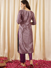 Mauve Ethnic Motifs Printed Regular Brocade Kurta with Trousers