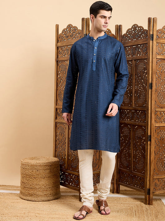 Navy Blue Striped Embroidered Mandarin Collar Straight Kurta