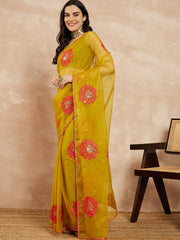 Yellow Floral Embroidered Sequinned Organza Saree