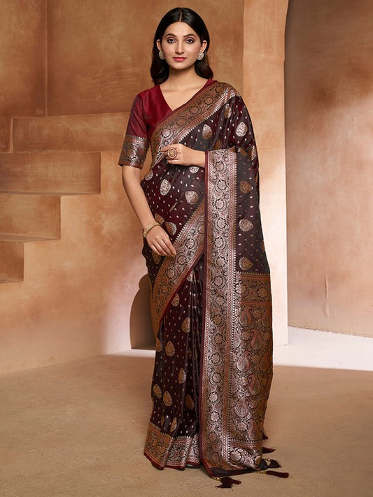 Brown Ethnic Motif Woven Design Zari Pure Silk Saree