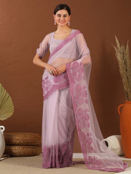 Lavender Floral Embroidered Net Saree