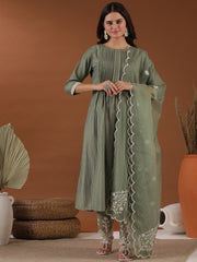 Green Floral Pleated Thread Work Kurta With Trouser & Dupatta