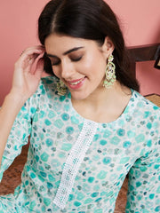 Green Round Neck Ethnic Motifs Printed Chikankari Straight Kurta with Palazzos