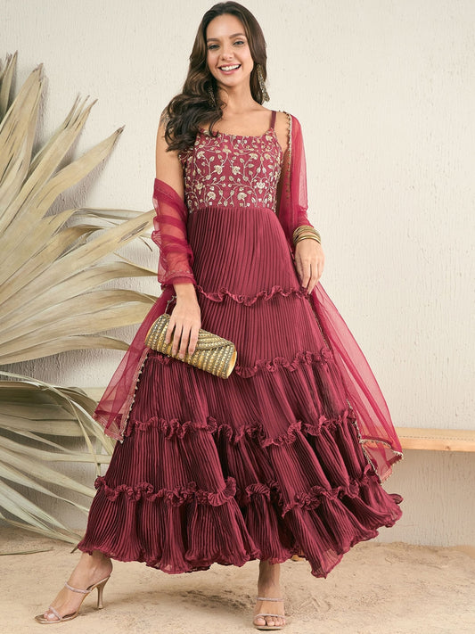 Women Maroon Ethnic Motifs Yoke Design Anarkali Kurta