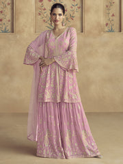 Pink Traditional Embroidery Peplum Style Sharara Suit