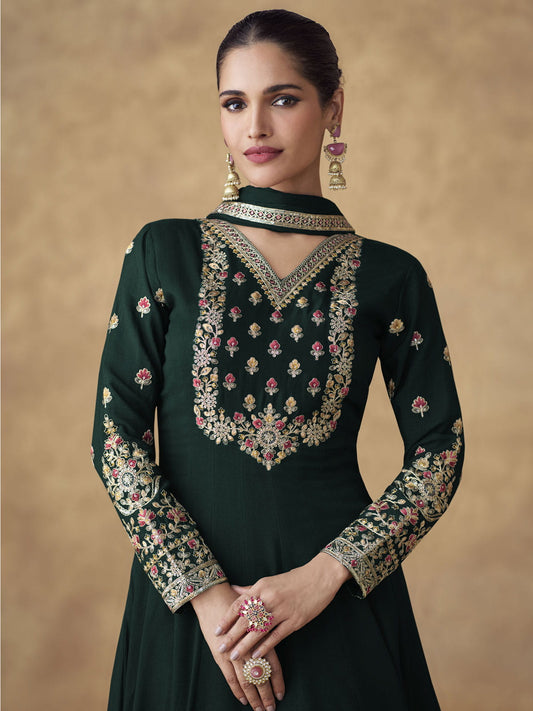 Green Chinnon Silk Festive Anarkali Suit