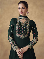 Green Chinnon Silk Festive Anarkali Suit