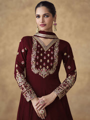 Maroon Chinnon Silk Festive Anarkali Suit