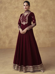 Maroon Chinnon Silk Festive Anarkali Suit