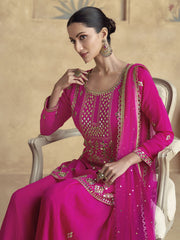 Fuchsia Pink Chinon Minimal Short Kurti & Plazzo Set