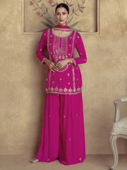 Fuchsia Pink Chinon Minimal Short Kurti & Plazzo Set