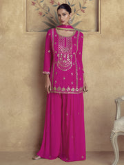 Fuchsia Pink Chinon Minimal Short Kurti & Plazzo Set