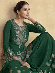 Dark Green Reshamkari Embroidery Gharara Style Suit