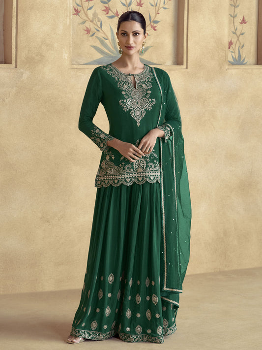 Dark Green Reshamkari Embroidery Gharara Style Suit