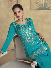 Teal Blue Reshamkari Embroidery Gharara Style Suit