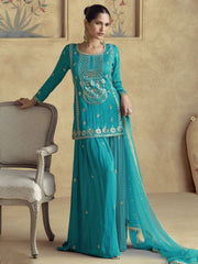 Teal Blue Reshamkari Embroidery Gharara Style Suit