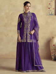 Purple Threadwork Embroidery Sharara Style Suit