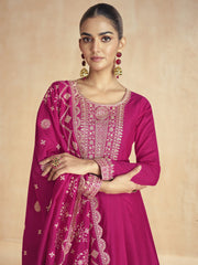 Magenta Pink Golden Embroidery Wedding Anarkali Suit