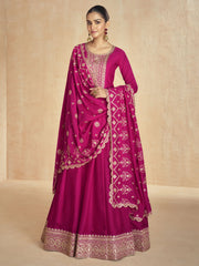 Magenta Pink Golden Embroidery Wedding Anarkali Suit