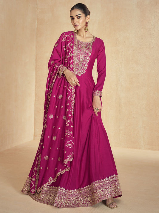 Magenta Pink Golden Embroidery Wedding Anarkali Suit