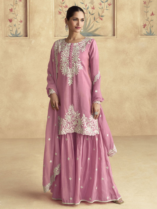 Pink Designer Embroidery Gharara Suit