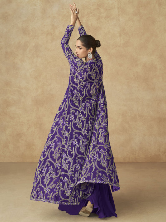 Violet Purple Embroidered Jacket Style Palazzo Suit