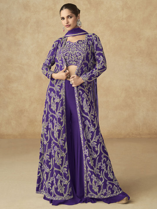 Violet Purple Embroidered Jacket Style Palazzo Suit