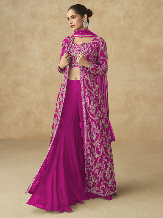 Hot Pink Embroidered Jacket Style Palazzo Suit