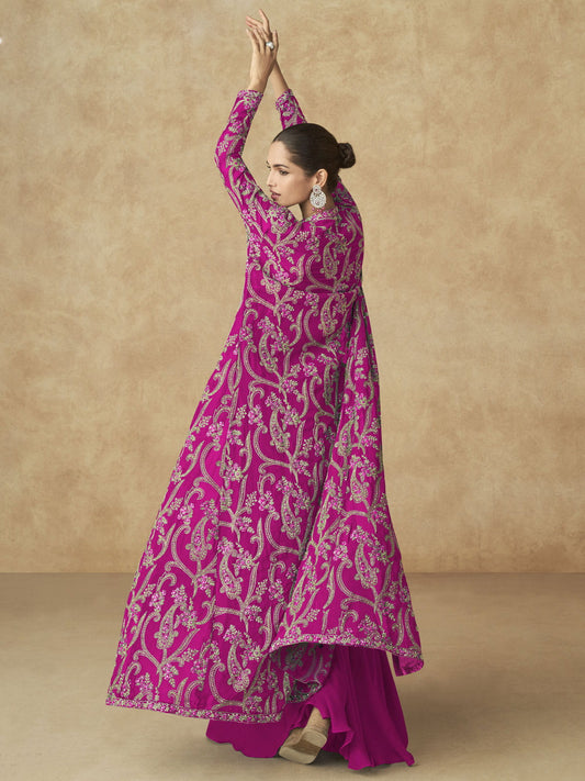 Hot Pink Embroidered Jacket Style Palazzo Suit