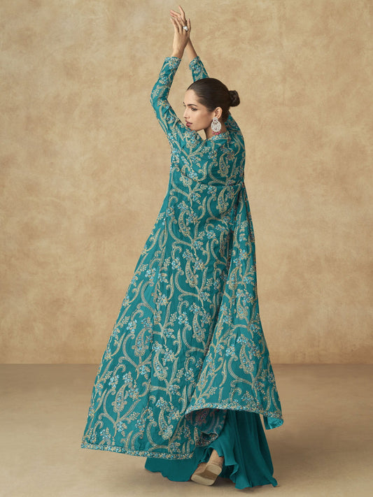 Teal Green Embroidered Jacket Style Palazzo Suit