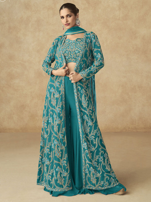 Teal Green Embroidered Jacket Style Palazzo Suit